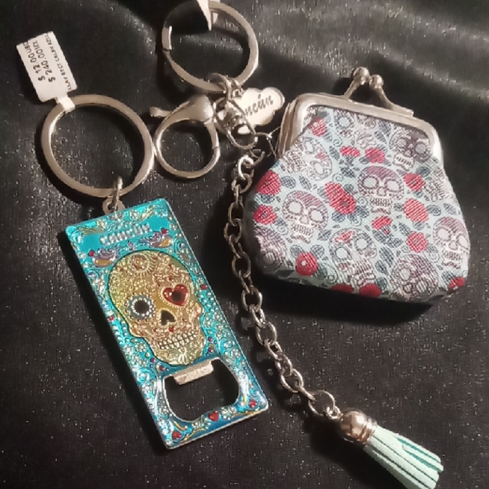 Sugar Skull Bottle Opener Keychain and Teal Matching Coin Purse Set With Tassel